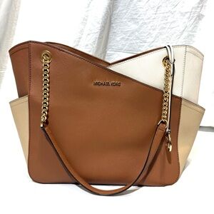 Michael Kors Jet Set Saffiano Color Block Large Shoulder Bag Tote MK Signature
